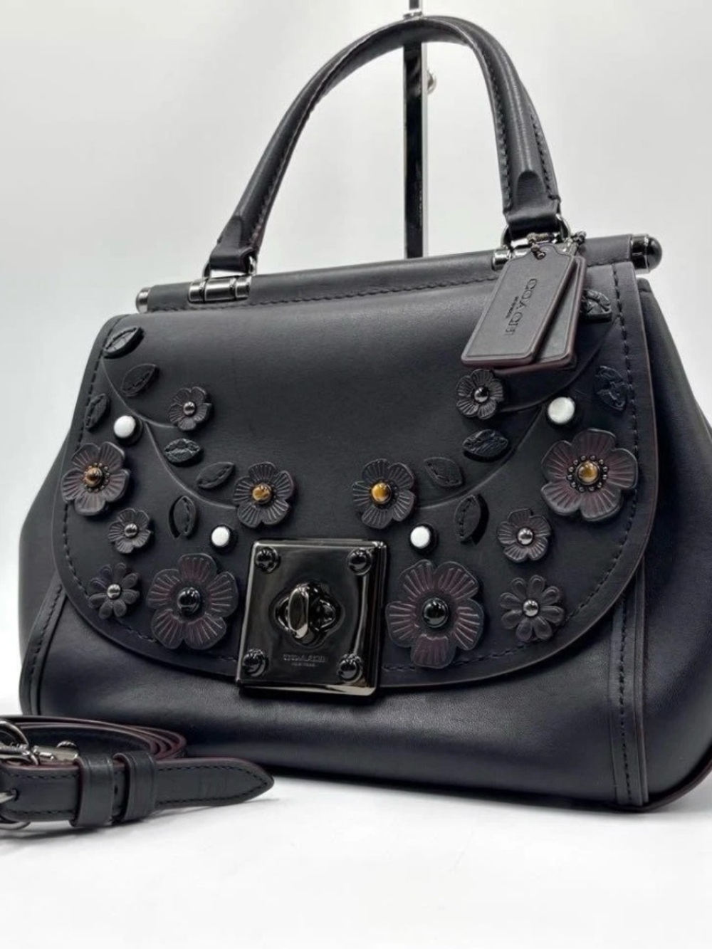 Coach Black Leather Drifter Willow 54079 Floral Appliqué Satchel